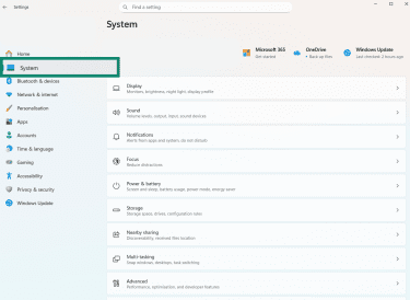The System tab of the Windows Settings application.