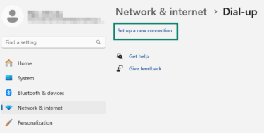 Windows Dial-up settings showing “Set up a new connection.”