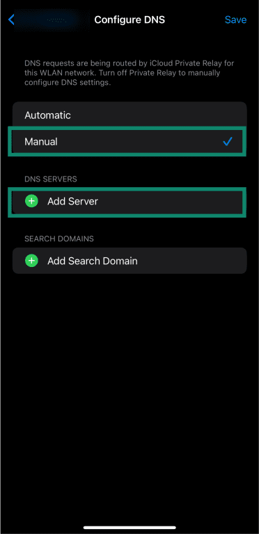 Choosing manual DNS configuration on iOS.