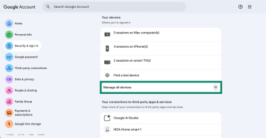 The Security & Sign In window within the Google Account overview, showing a section with associated devices.