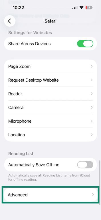 Seeing advanced app settings on iPhone.