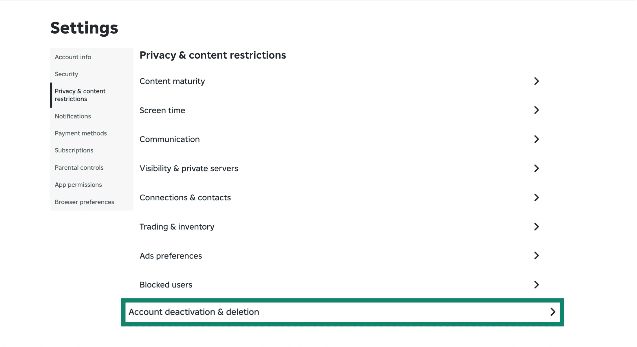 Roblox settings page showing Account deactivation and deletion option.