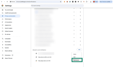 Chrome notification site options menu with Remove selected