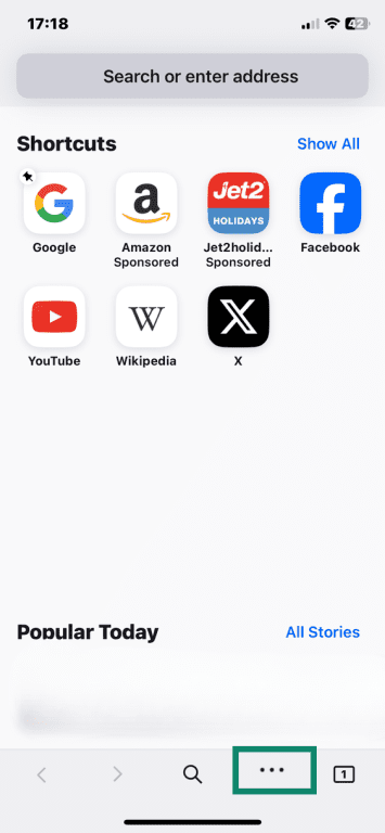 Firefox in iOS with three-dot menu at bottom of screen highlighted