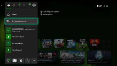 Xbox main menu with the My games & apps option highlighted.
