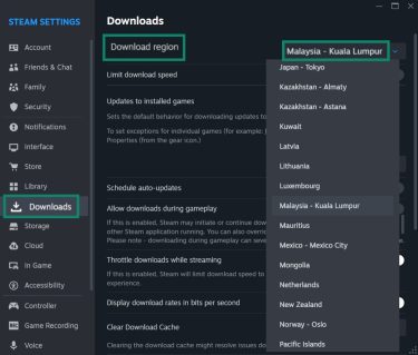 The Download region server dropdown menu in Steam Settings (Windows).