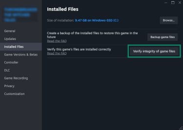 The Verify integrity of game files option under the Installed Files setting for a video game on Steam.