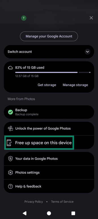 The Google Photos account page, highlighting the Free up space on this device option.