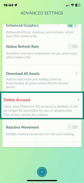 Pokémon GO on iOS Advanced Settings menu with Delete Account option highlighted