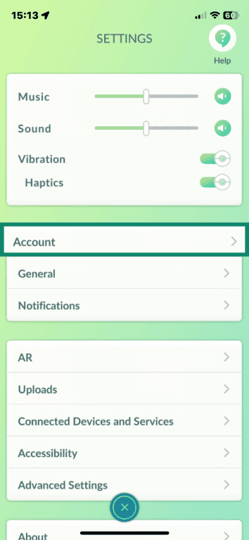 Pokémon GO on iOS settings options with Account highlighted