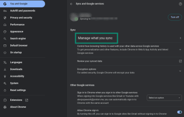 "Manage what you sync" option highlighted on Google Chrome.