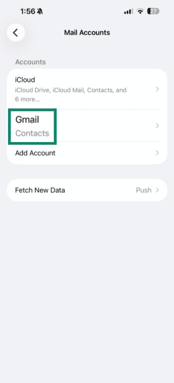 "Gmail" option highlighted in the "Mail accounts" section on an iPhone.