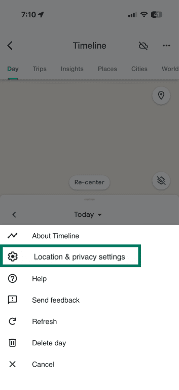Google Maps Timeline menu showing Location & privacy settings