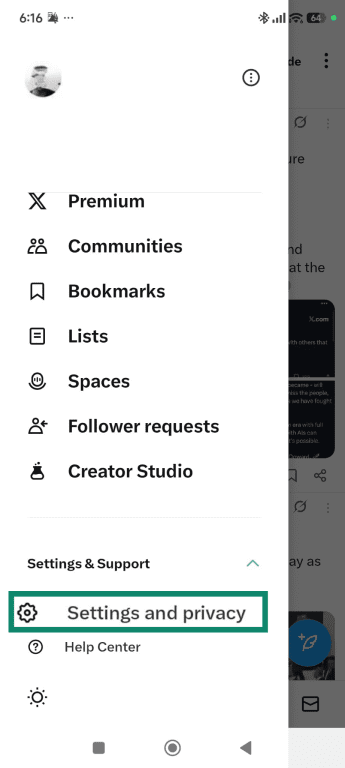 The Android X app menu bar is open, and Settings and privacy is highlighted.
