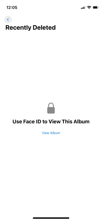 The View Album option in the recently deleted photos on iPhone.