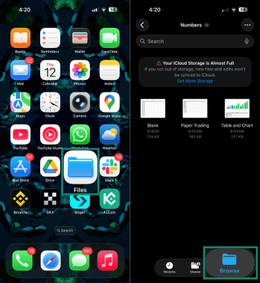 How to open the Files app on iOS.