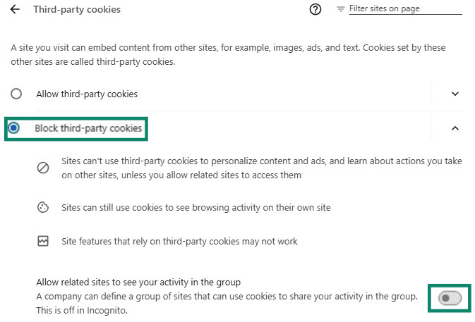 Chrome Third-party cookies settings with Block third-party cookies selected.