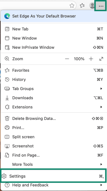 Microsoft Edge menu with the three-dot menu open and Settings highlighted.