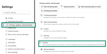 Microsoft Edge settings showing the Cookies option under Privacy, search, and services.
