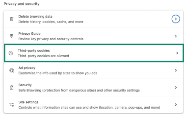 Chrome Privacy and security settings with Third-party cookies option highlighted.