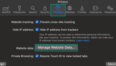 Safari Settings window showing the Privacy tab with the Manage Website Data button.