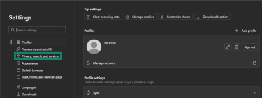 Privacy, search, and services menu highlighted in Microsoft Edge's Settings menu.