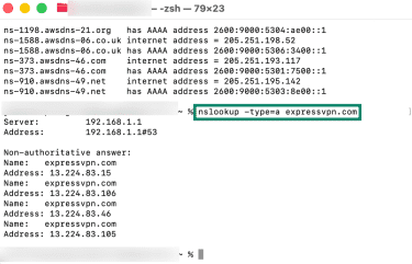 Looking up Address record using nslookup.