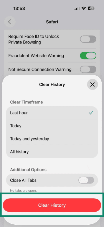 Safari clear history menu with “Last hour” selected and the red “Clear History” button highlighted.