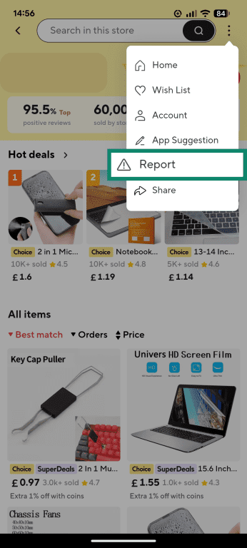 An AliExpress store page, showing the Report button.