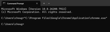 Command Prompt launching Chrome.exe from its full executable path.
