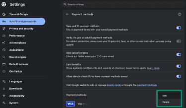 How to edit or delete a previously saved credit card on Google Chrome via its autofill settings.