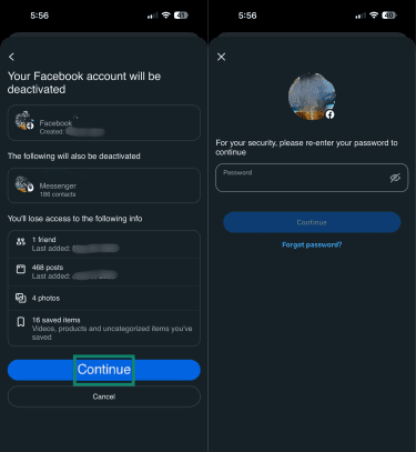 Your Facebook account will be deactivated confirmation page containing an overview of the info the user will lose access to and a password field to fill out before deactivation.