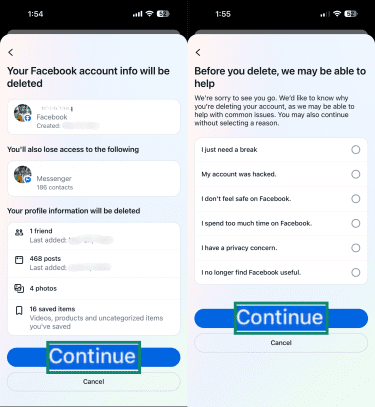 Confirmation prompt when deleting a Facebook account on mobile and Facebook asking a reason for deletion.