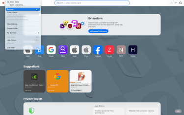 Safari menu with Settings selected.