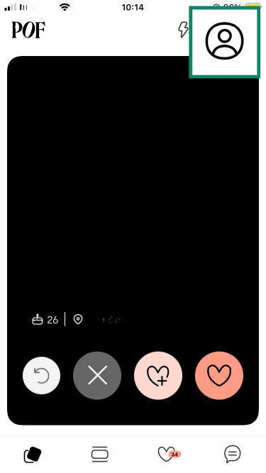 Tapping the profile icon on the Plenty of Fish iOS app home screen to access settings.