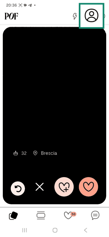 Press the profile icon in the top right corner of the Plenty of Fish Android app home screen.