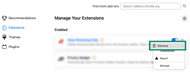 A prompt in Firefox for removing an extension.