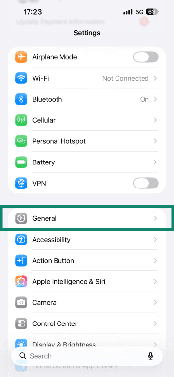 iPhone's Settings app with the General menu item highlighted.
