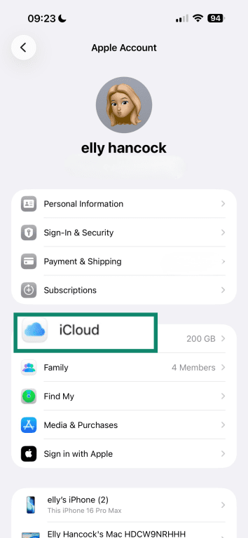 Apple iCloud settings.