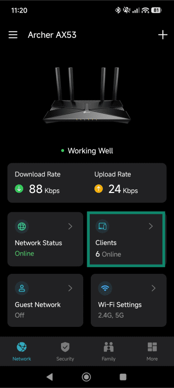 TP-Link mobile app dashboard with the Clients option highlighted.