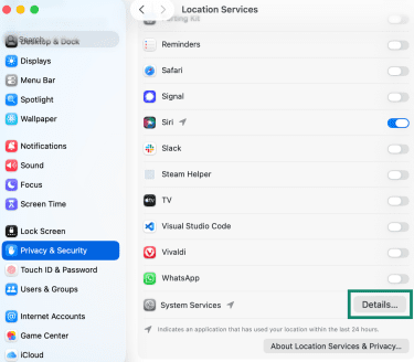 Viewing Mac system services location settings.