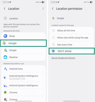 Location permissions options.