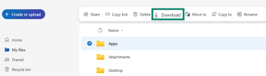 The OneDrive interface, with a folder selected and the Download option highlighted.