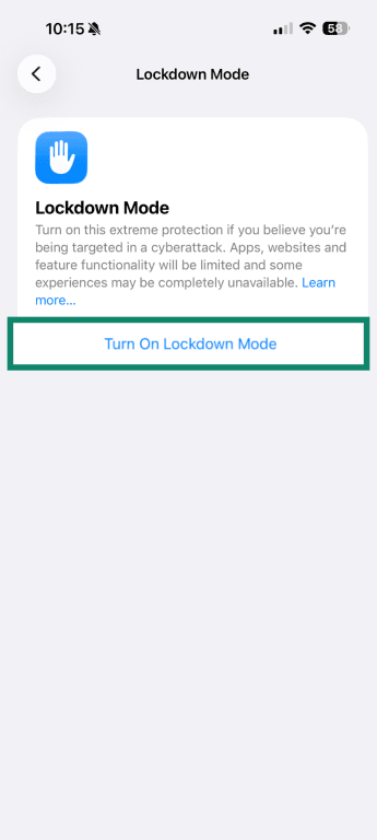 Turn On Lockdown Mode settings on iPhone.
