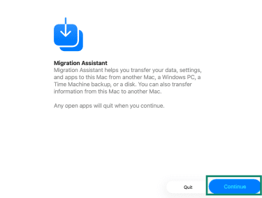 A Windows Migration Assistant app installation screen, showing the continue button.