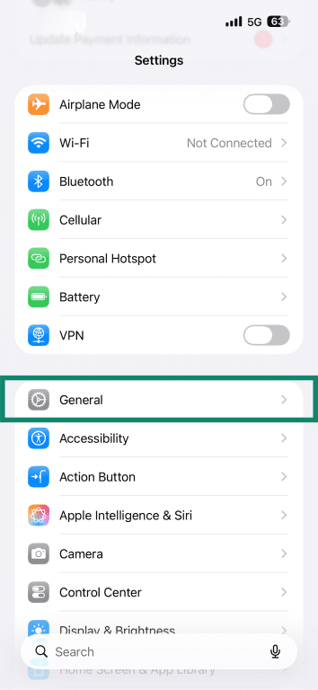 iPhone's Settings app with the General menu item highlighted.