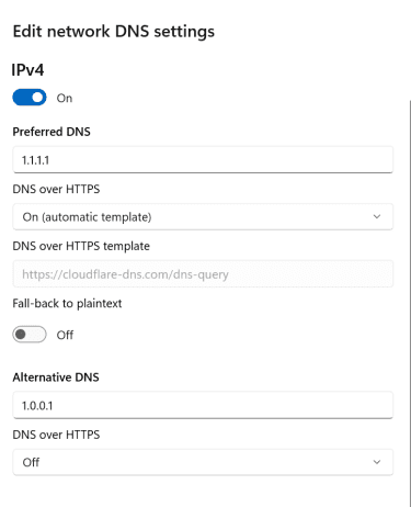 Windows Edit network DNS settings panel with IPv4 enabled, Preferred DNS set to 1.1.1.1, DNS over HTTPS turned on, and Cloudflare shown as the HTTPS template.