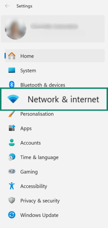 Windows Settings showing the Network & internet section highlighted in the left sidebar.
