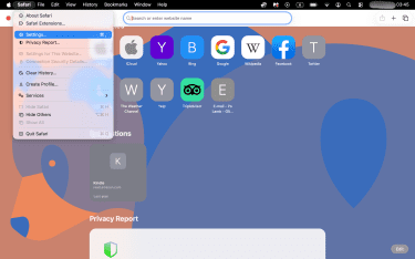 Safari menu with Settings highlighted.