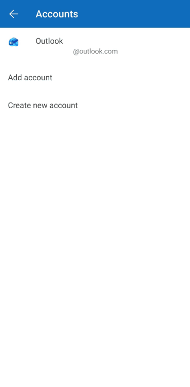 Outlook mobile Accounts screen showing available Outlook account.